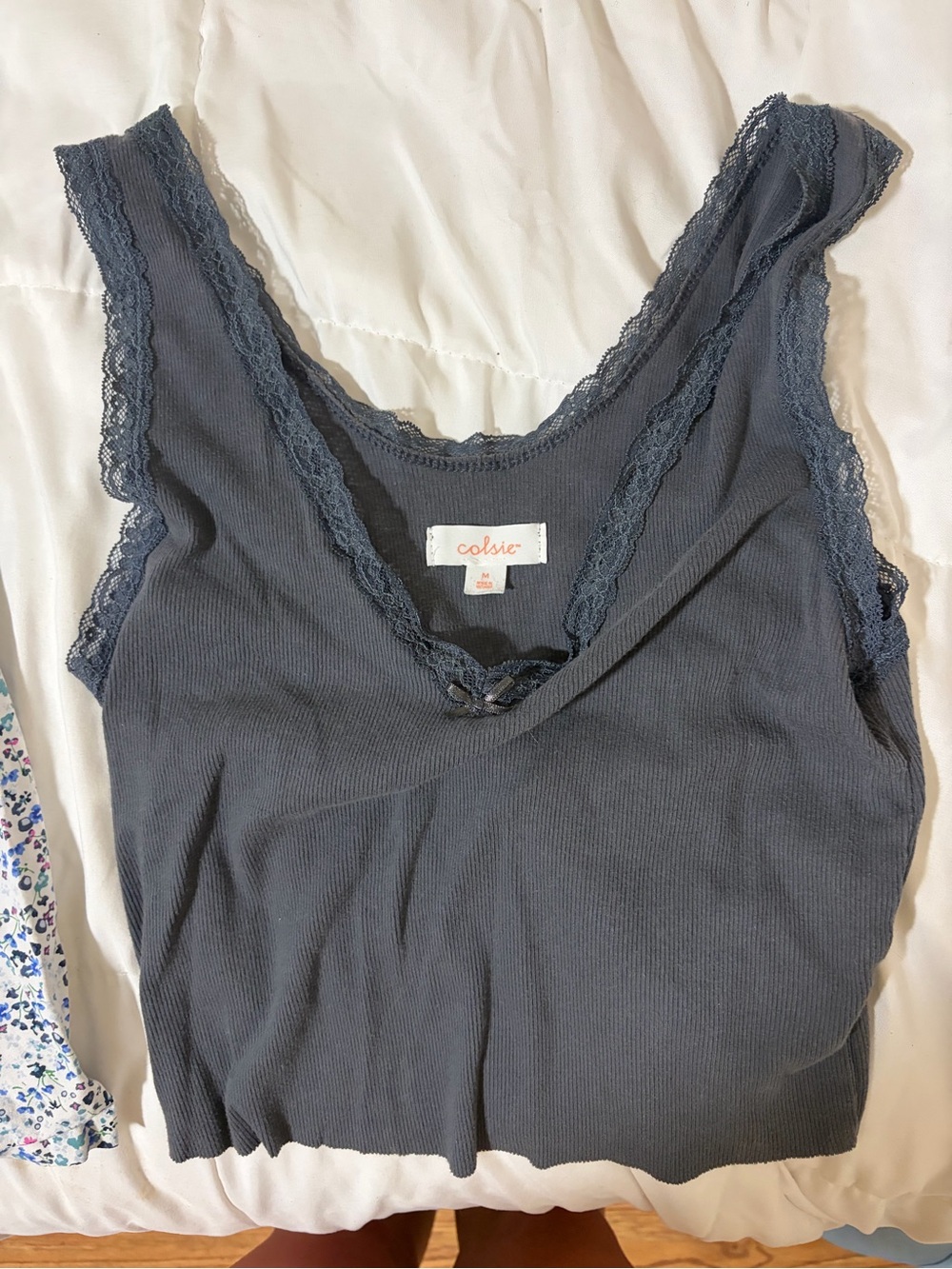Colsie Dark Slate Lace-Trim Ribbed Tank